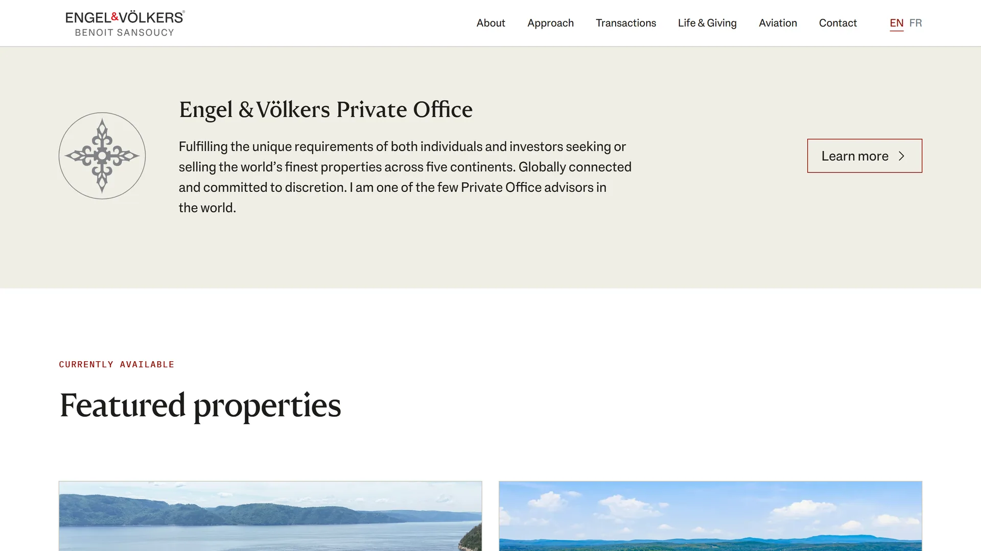 The Benoit Sansoucy home page at the Engel and Volkers Private Office band, the property roster below it