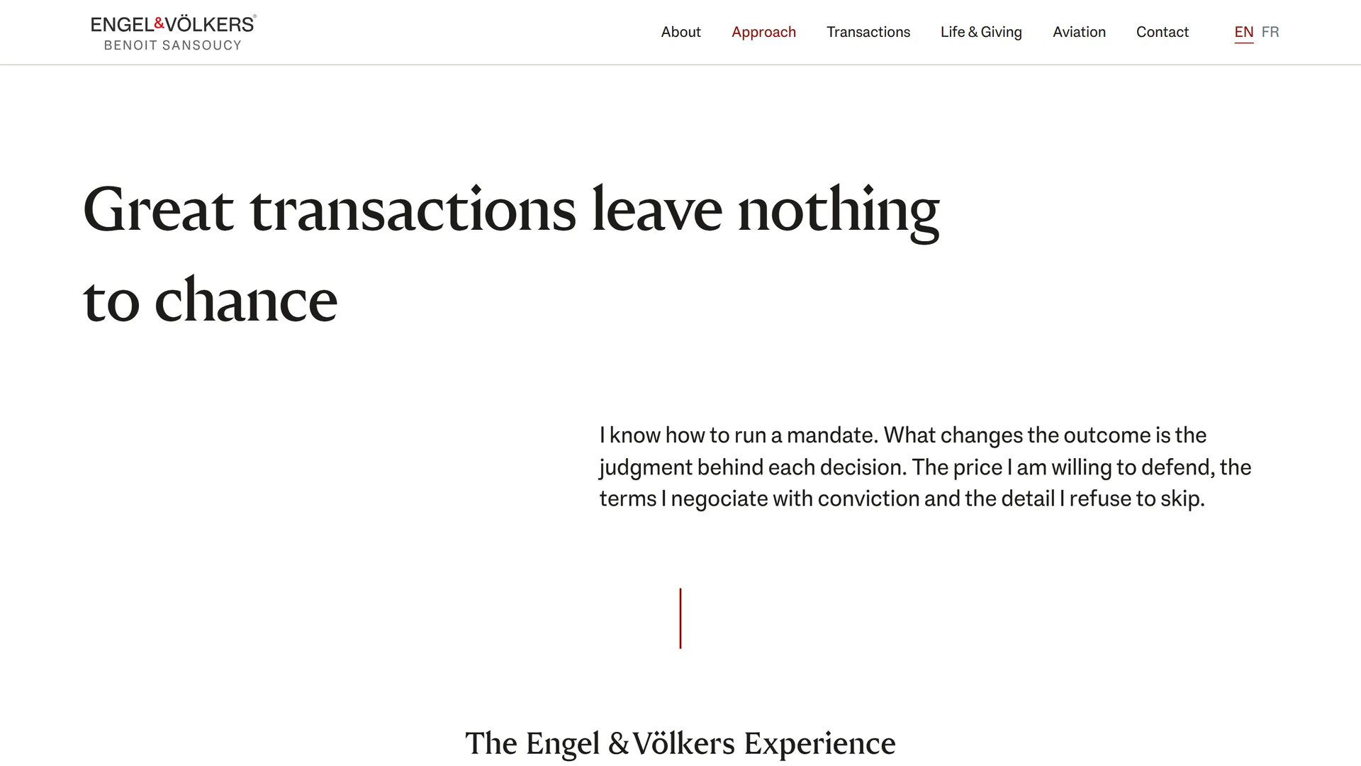 The Approach page: the line Great transactions leave nothing to chance, with the mark below it