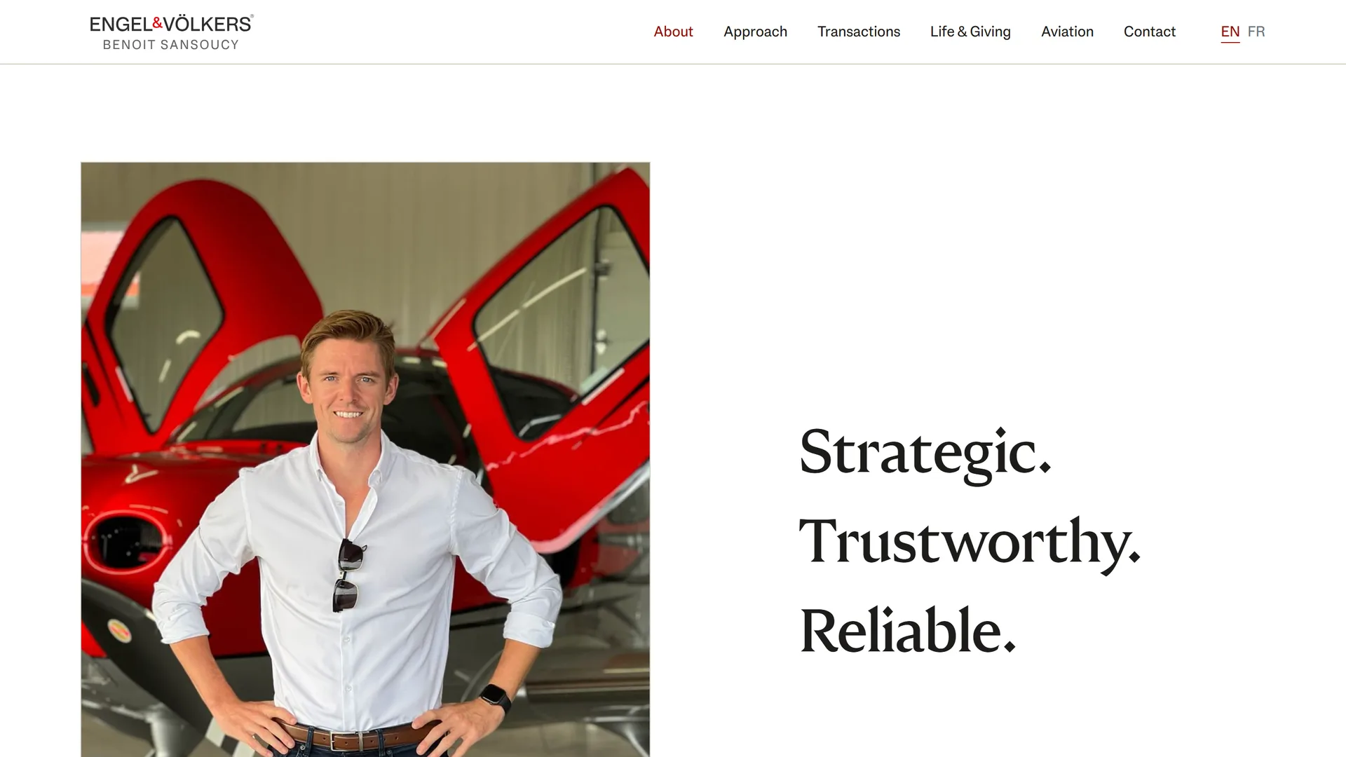 The About page: a portrait beside the three words Strategic. Trustworthy. Reliable.