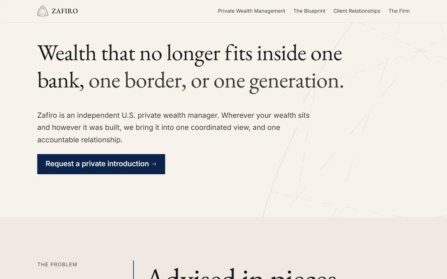 The Zafiro home page at desk width: the firm's opening line over the sapphire ground, the trilliant mark in the header