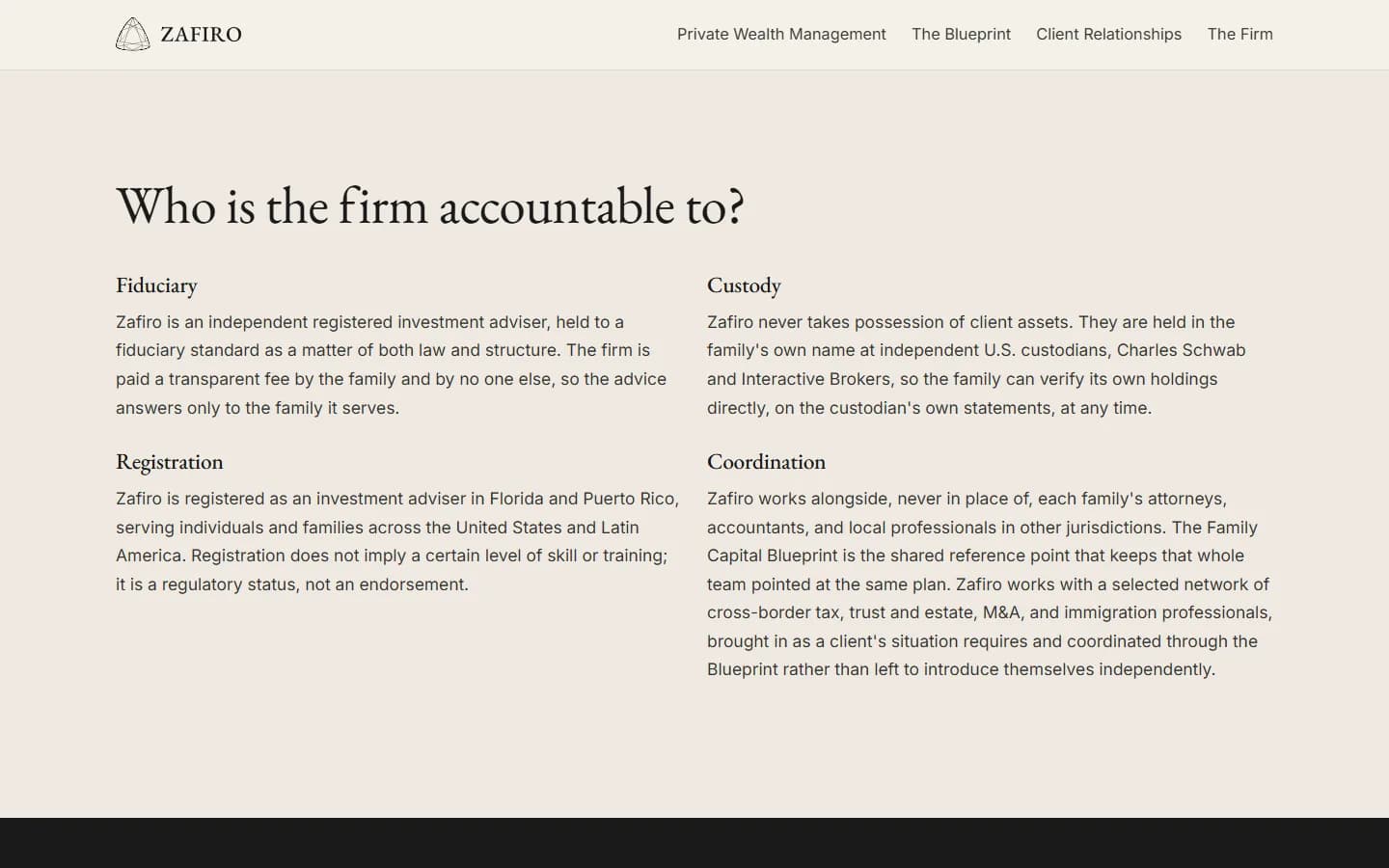 The Zafiro Firm page at desk width: who the firm is accountable to, before anyone is named