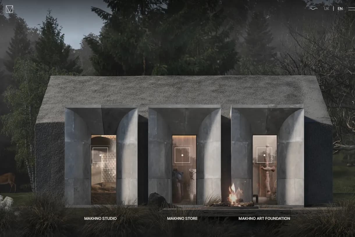 The live MAKHNO Studio homepage, dark earth-toned architecture portfolio by Magenta Web