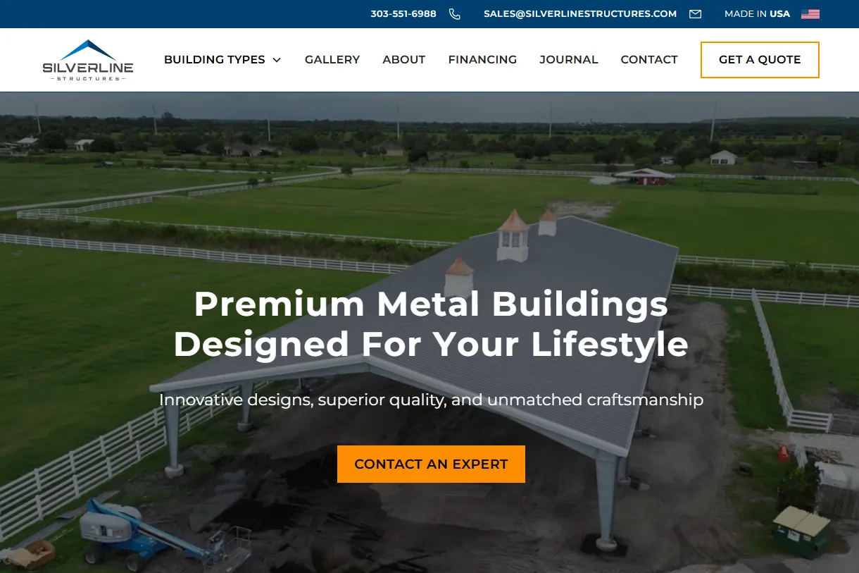 The live Silverline Structures homepage, a steel-building manufacturer site by Magenta Web